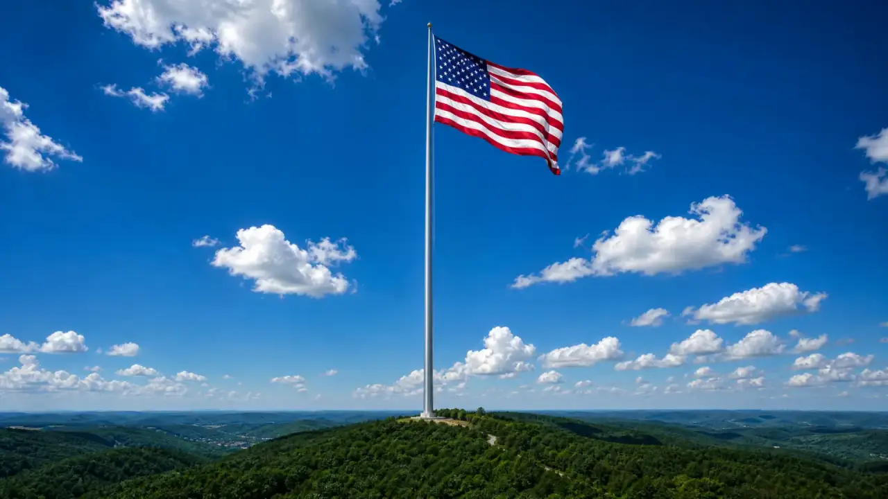 Massive American flag flying from a 700-foot flagpole over green Ozark hills under a vivid blue sky