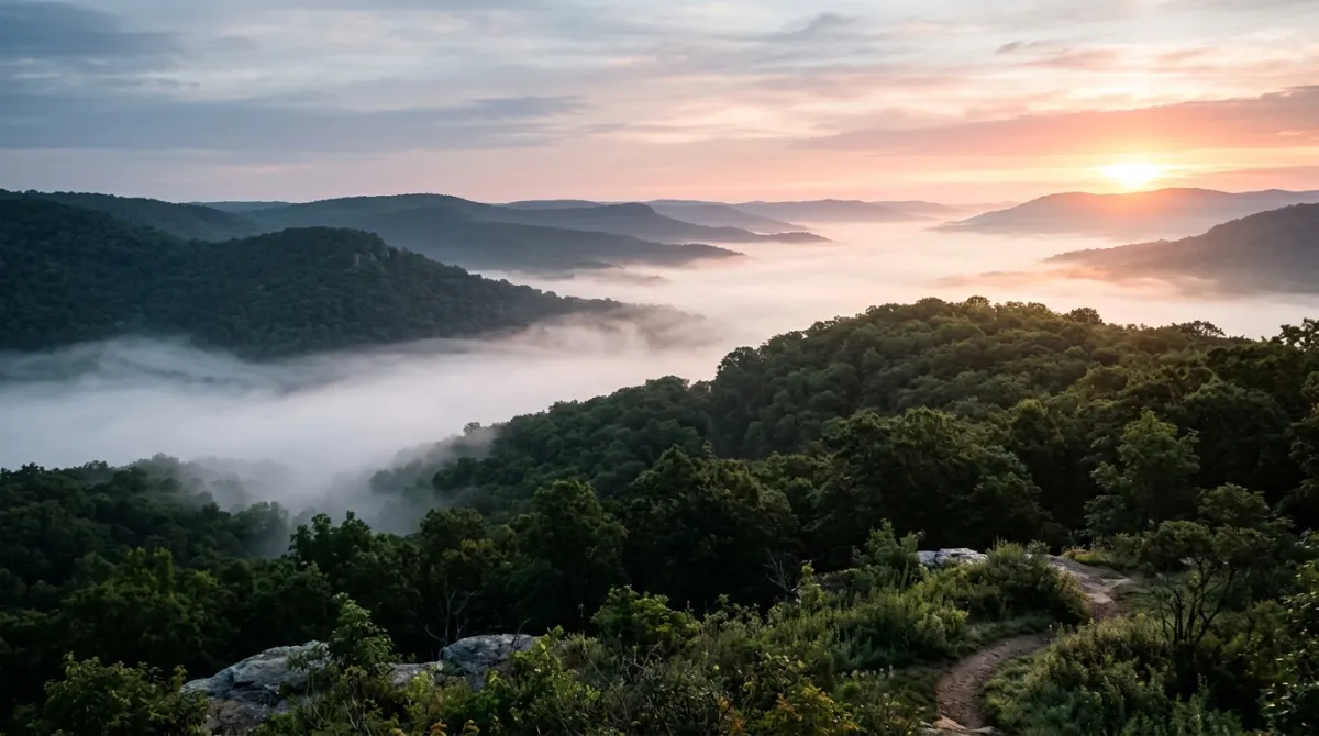 Misty sunrise breaking over fog-filled valleys and forested ridgelines in the Ozarks of Southwest Missouri